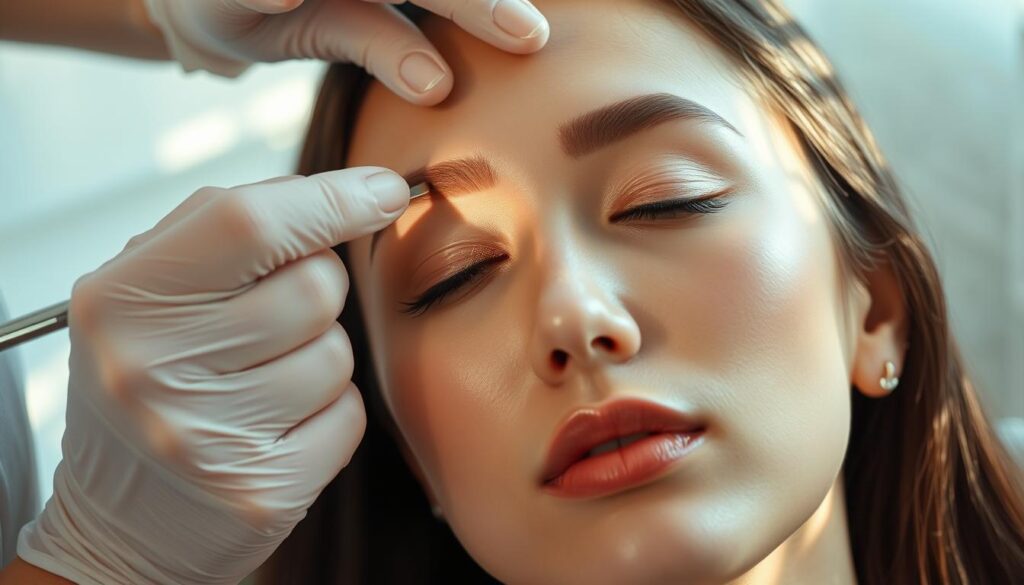 A close-up portrait of a woman's face, illuminated by soft, natural lighting from the side. Her eyes are closed as she is carefully undergoing a &quot;洗眉&quot; procedure, with a skilled aesthetician's hands delicately shaping and grooming her eyebrows using precise tools. The woman's skin appears flawless and radiant, reflecting the high-quality products from the derBeaute brand. The background is blurred, keeping the focus on the intricate and meticulous process of &quot;洗眉&quot;. The overall mood is serene, peaceful, and professional, capturing the essence of this beauty treatment.