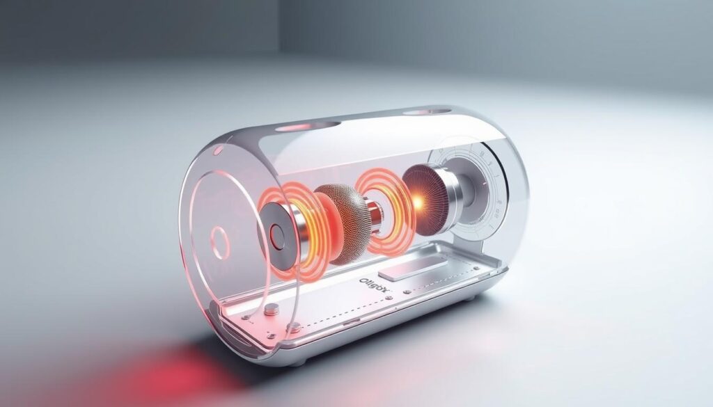 A detailed 3D cutaway diagram of the Glowin Beaute OligioX device, showcasing its innovative radio wave heating technology. The foreground depicts the device's sleek and modern design, with a transparent housing revealing its intricate inner workings. The middle ground highlights the key components, including the radio wave emitters and the specialized heating elements. The background features a clean, minimalist environment, allowing the technology to take center stage. The image should convey a sense of precision, efficiency, and advanced scientific principles at work, perfectly aligning with the section title &quot;OligioX 原美電波的立體加熱原理&quot;.