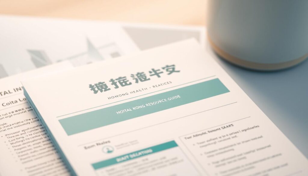 A detailed and visually striking Hong Kong mental health resource guide, showcasing a clean, modern design with a serene blend of cool blues, greens, and soft whites. The guide features an organized layout with clear sections, icons, and subtle textures, conveying a sense of professionalism and trustworthiness. The composition features a central focus on the guide's title, with a subtle background of blurred Hong Kong skyline elements, evoking a sense of urban calm and mental well-being. Soft, diffused lighting creates a calming atmosphere, while a slightly low camera angle adds a sense of approachability and accessibility to the resource.