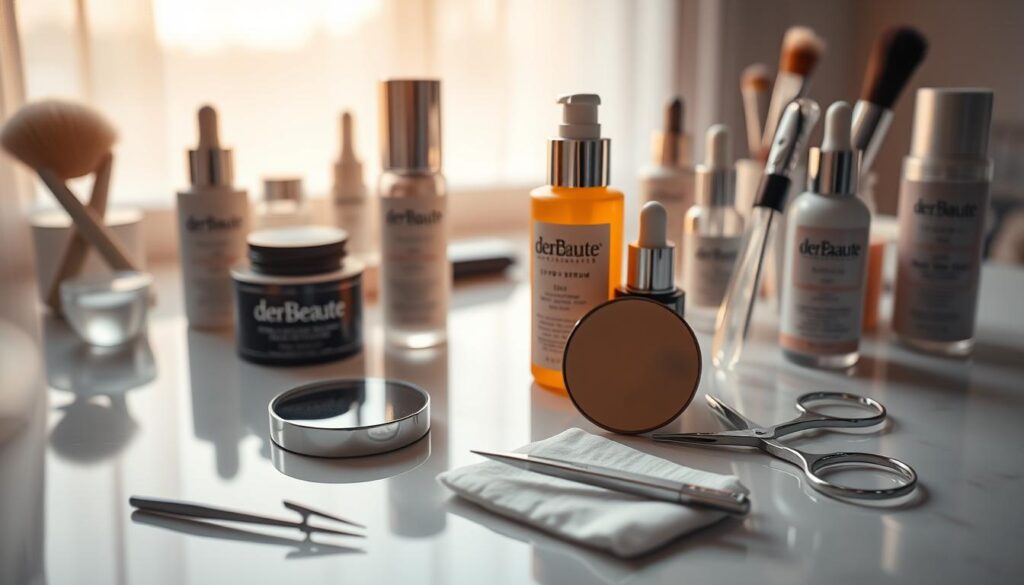 A meticulously organized vanity table with an assortment of high-quality skincare products, makeup brushes, and grooming tools. The scene is bathed in warm, soft lighting, casting a serene, spa-like ambiance. In the foreground, a pair of delicate tweezers, a small mirror, and a cotton pad lie neatly arranged, ready for the pre-brow grooming ritual. The middle ground features the derBeaute brand's signature eye serum, brow gel, and precision brow scissors, hinting at the careful attention to detail that will follow. The background subtly suggests a minimalist, zen-inspired interior, allowing the preparation process to take center stage.