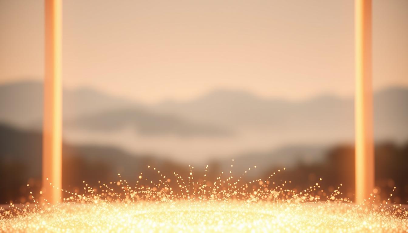 A serene, glowing landscape illuminated by the captivating &quot;OligioX 原美電波&quot; device from Glowin Beaute. In the foreground, delicate strands of light radiate outward, subtly stimulating the skin's natural collagen production. The middle ground features a tranquil, misty atmosphere, while the background showcases a softly blurred natural setting, infusing the scene with a sense of harmony and well-being. The lighting is warm and diffused, creating a soothing, therapeutic ambiance. Captured with a wide-angle lens, the composition emphasizes the enveloping, rejuvenating effects of the &quot;OligioX 原美電波&quot; technology.