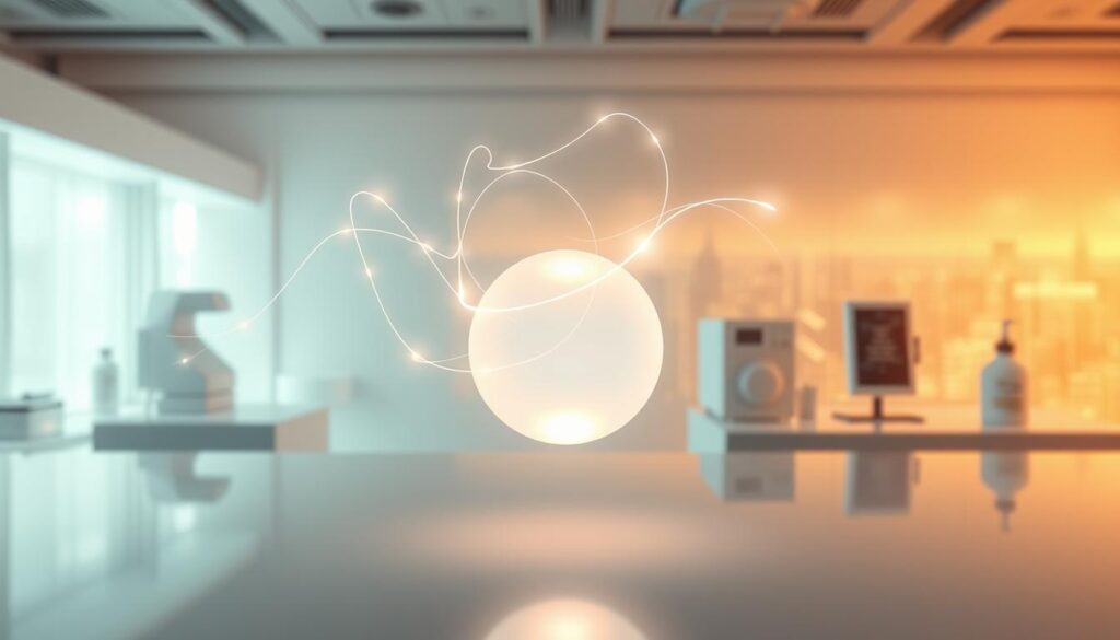 A serene, vibrant composition showcasing the Glowin Beaute &quot;OligioX&quot; product. In the foreground, a softly glowing, translucent sphere hovers, its pulsing energy radiating outward. Surrounding it, delicate, luminous tendrils of light intertwine, creating an ethereal, almost organic effect. The middle ground features a clinical, futuristic laboratory setting, with sleek, minimalist equipment and a pristine, reflective surface. In the background, a dreamlike, neon-tinged cityscape stretches out, hinting at the advanced, innovative nature of the &quot;OligioX&quot; technology. The lighting is warm and diffused, lending a sense of tranquility and wonder to the scene. The overall mood is one of scientific progress, natural wellness, and technological elegance.