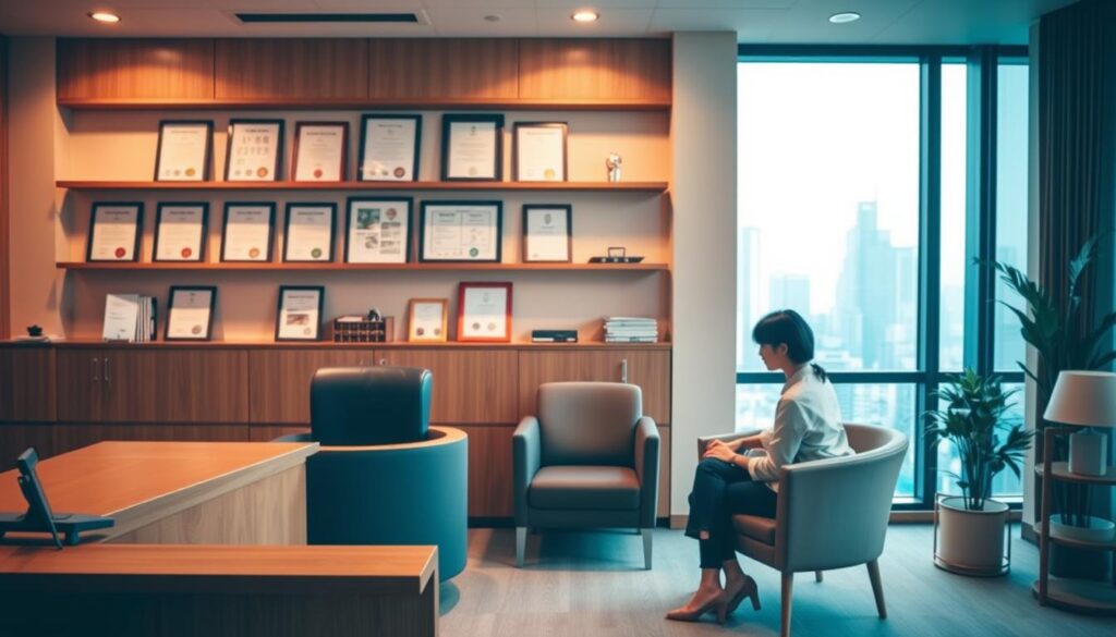 A well-lit, professional office interior featuring a desk with a nameplate reading &quot;Hong Kong Psychologist&quot;. Behind the desk, shelves display certificates and diplomas, showcasing the practitioner's qualifications. In the foreground, a client and the psychologist sit comfortably in armchairs, engaged in a therapeutic discussion. Warm, muted colors create a calming ambiance, with a large window overlooking a cityscape in the background. The scene conveys an atmosphere of trust, expertise, and a personalized approach to mental health care.