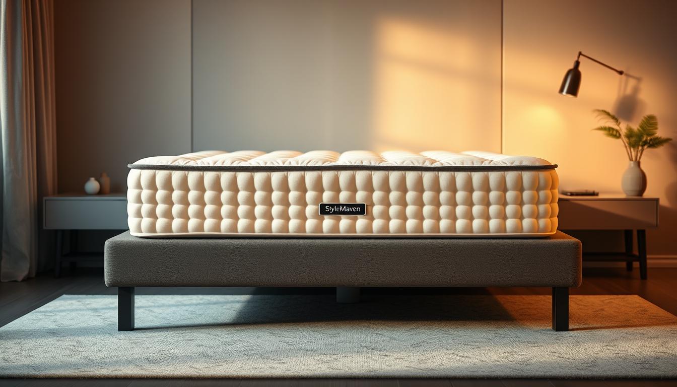 A cozy and inviting bedroom scene showcasing a high-quality StylesMaven independent pocket spring mattress. The mattress is the focal point, bathed in warm, soft lighting that accentuates its plush, supportive layers. The mattress is positioned on a simple, minimalist platform bed frame, allowing its features to take center stage. Subtle shadows and textures suggest a serene, relaxing atmosphere, perfect for a restful night's sleep. The overall composition conveys a sense of comfort, quality, and the luxurious sleep experience the StylesMaven independent pocket spring mattress provides.