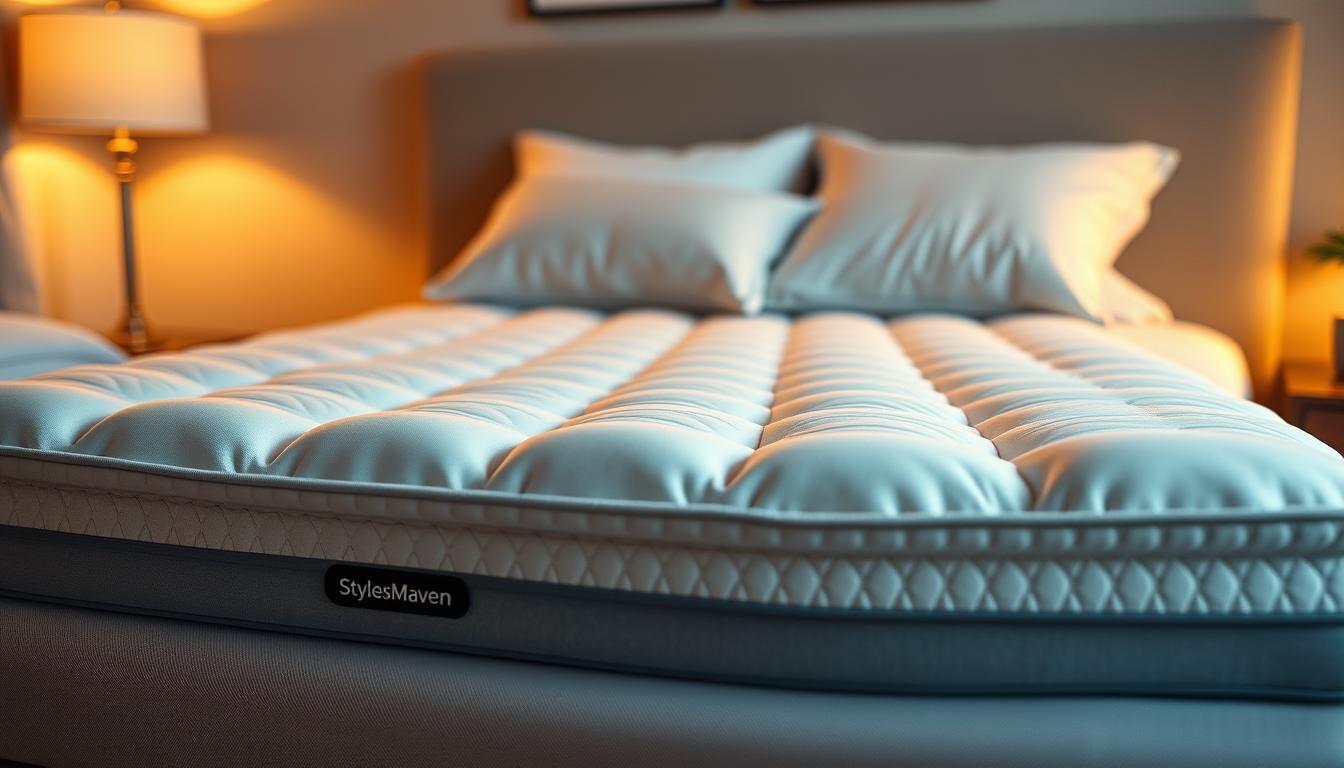 A cozy, well-crafted mattress topper from StylesMaven, designed to provide optimal spinal support. The topper features a plush, high-density foam core enveloped in a soft, breathable fabric cover. Subtle quilting patterns add a touch of elegance, while strategic ventilation channels promote airflow for a cool, comfortable sleep. Gentle curves and contours gently cradle the body, relieving pressure points and aligning the spine. The durable, long-lasting construction ensures years of restful, restorative sleep. Warm lighting casts a soothing glow, creating a serene, sleep-inducing ambiance.