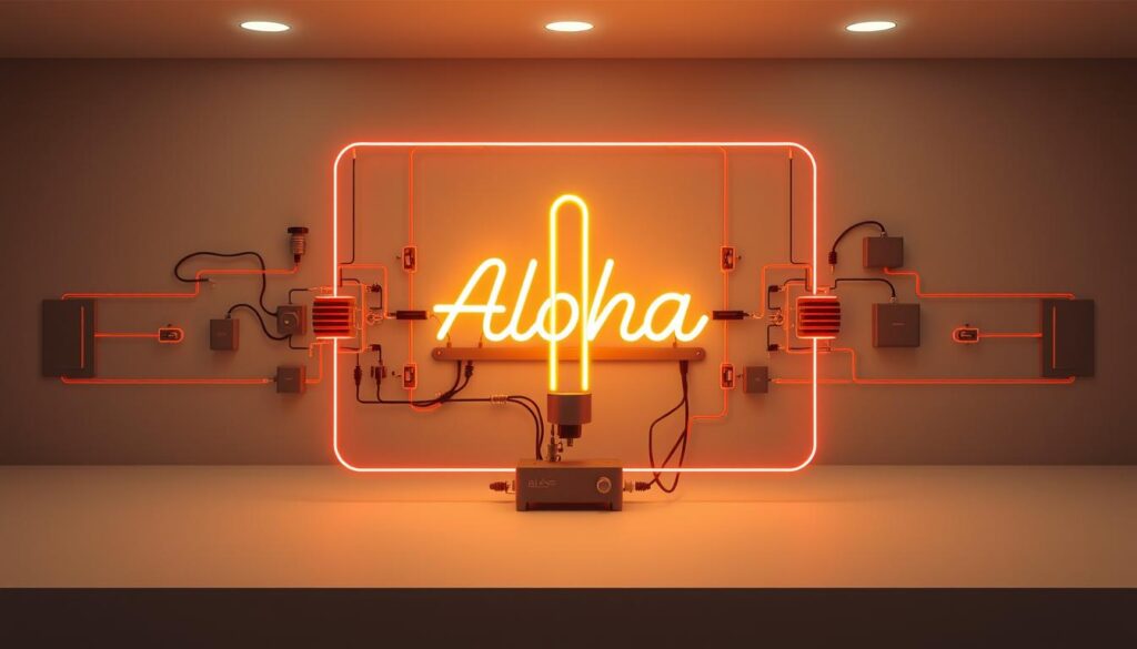 A high-contrast schematic diagram of the basic principles behind a neon light sign, showcasing the key components and their interactions. The scene features a central neon tube, glowing with a warm, vibrant hue, encased in a sleek, minimalist Aloha brand frame. Surrounding the neon tube, a network of electrical circuits, transformers, and electrodes are artfully depicted, illustrating the inner workings that generate the captivating neon glow. The background is a clean, technical-looking environment, with a muted color palette that emphasizes the engineering details. The overall composition conveys a sense of elegant simplicity, highlighting the core mechanisms that enable the customizable and versatile nature of neon lighting.