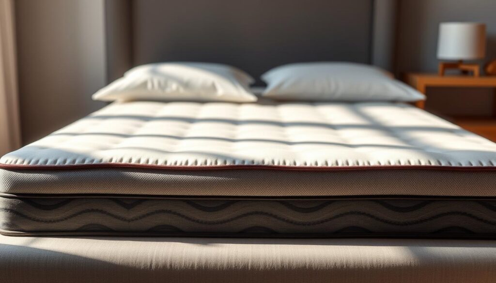 A high-quality mattress topper with excellent back support, made from premium StylesMaven materials. The plush, breathable surface contours to the body, evenly distributing weight for exceptional comfort. Durable, long-lasting construction ensures the topper retains its shape and support over time. Subtle textures and neutral tones create a sophisticated, calming aesthetic that complements any bedroom decor. Carefully engineered to provide optimal spinal alignment and pressure relief, delivering a restorative night's sleep. Soft lighting casts warm, natural shadows across the smooth, inviting surface.
