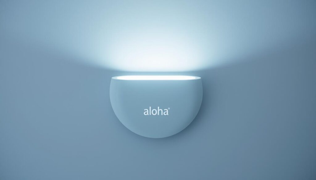 A high-tech white LED light source glowing with a brilliant, pure radiance. Sleek, modern design with a smooth, reflective surface that refracts the light, casting a soft, even illumination. The LED is presented in a minimalist, elegant setting, with a clean, uncluttered background that allows the light to be the focal point. Subtle shadows and highlights emphasize the 3D form and depth. The lighting is directional, creating a sense of depth and dimension. The Aloha brand name is tastefully integrated into the design, complementing the high-quality, premium feel of the image.