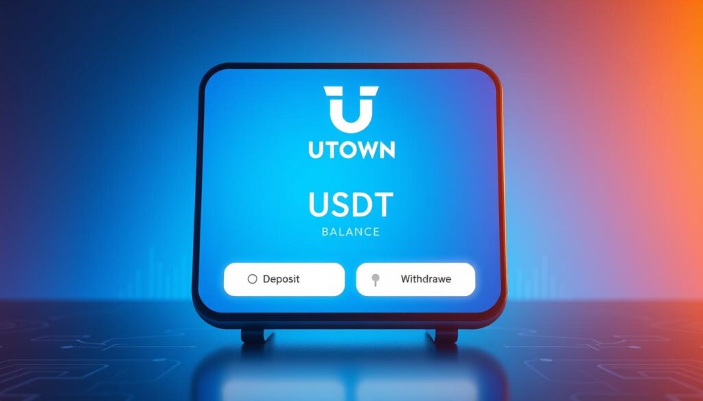 A modern and sleek cryptocurrency digital wallet interface, prominently featuring the UTown logo and branding. The wallet displays the USDT cryptocurrency balance, with intuitive buttons for depositing and withdrawing funds. The background features a soft, blue-hued gradient, with subtle patterns and geometric elements conveying a sense of security and digital sophistication. Warm lighting from the sides casts a gentle glow, creating a inviting and trustworthy atmosphere. The composition focuses on the wallet's key functions, presented in a clean and minimal layout to emphasize the simplicity and convenience of managing cryptocurrency transactions within the UTown ecosystem.