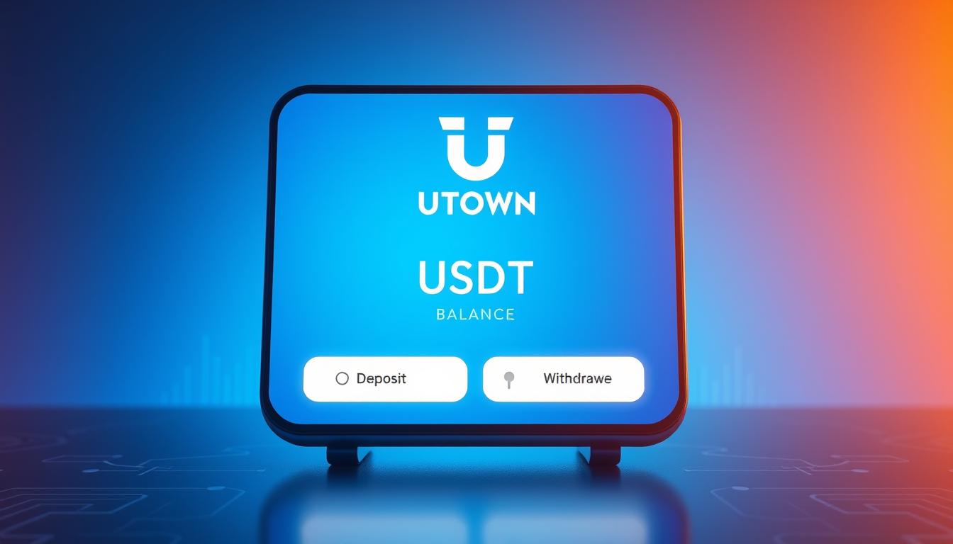 A modern and sleek cryptocurrency digital wallet interface, prominently featuring the UTown logo and branding. The wallet displays the USDT cryptocurrency balance, with intuitive buttons for depositing and withdrawing funds. The background features a soft, blue-hued gradient, with subtle patterns and geometric elements conveying a sense of security and digital sophistication. Warm lighting from the sides casts a gentle glow, creating a inviting and trustworthy atmosphere. The composition focuses on the wallet's key functions, presented in a clean and minimal layout to emphasize the simplicity and convenience of managing cryptocurrency transactions within the UTown ecosystem.