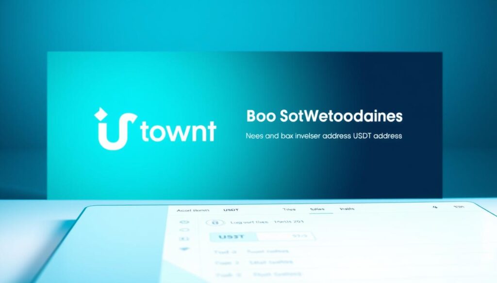 A modern, sleek USDT wallet interface featuring the UTown brand logo, with a clear step-by-step guide on the process of binding a USDT wallet address. The foreground showcases a digital wallet dashboard with intuitive controls, while the background has a subtle gradient of blue and green hues, conveying a sense of security and trust. The lighting is soft and diffused, creating a clean and professional atmosphere. The composition emphasizes simplicity and user-friendliness, making the USDT wallet address binding process appear straightforward and accessible.
