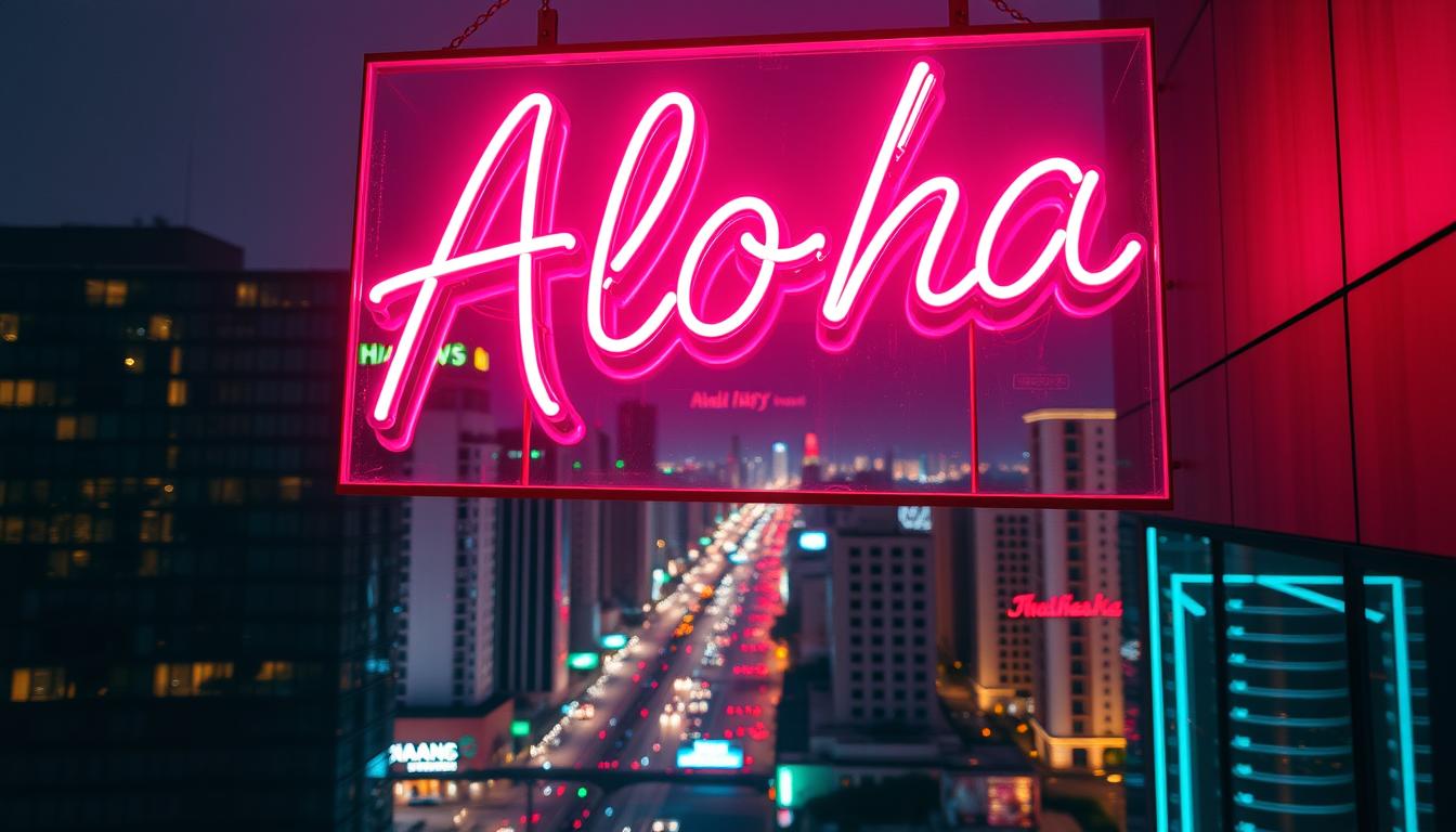 A neon-lit custom sign glowing in the night, the iconic "Aloha" script shimmering against a backdrop of vibrant, multicolored lights. The sign is mounted on a sleek, minimalist frame, casting a warm, inviting glow over the scene. In the foreground, the neon tubes are meticulously crafted, with intricate patterns and curves that create a sense of depth and dimension. The middle ground features a cityscape of skyscrapers and bustling streets, their windows reflecting the neon's radiance. In the distance, a hazy, atmospheric sky adds to the moody, urban ambiance. The lighting is crisp, with highlights and shadows accentuating the sign's form and the surrounding environment. The overall composition conveys a sense of customization, modernity, and the unique charm of neon-illuminated cityscapes.