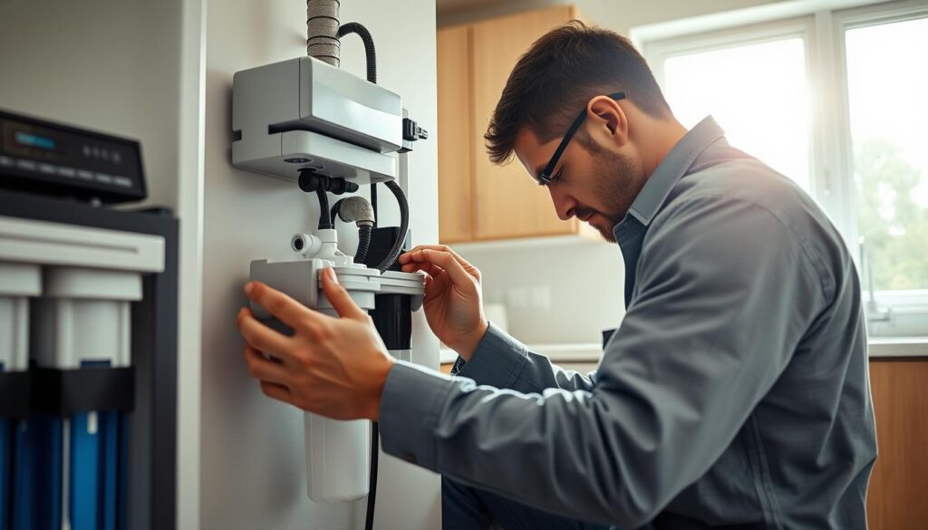 A professional technician installing a water purification system in a modern kitchen. The foreground features the technician closely examining the filtration unit, checking connections and settings. The middle ground shows the various components of the system - the filter cartridges, tubing, and control panel. The background depicts the kitchen interior, with clean, minimalist cabinets and countertops, natural lighting streaming in from large windows. The scene conveys a sense of expertise, diligence, and the importance of proper installation for optimal water quality and safety. The image should be captured with a medium-wide angle lens, highlighting the technician's work while providing context of the installation environment.