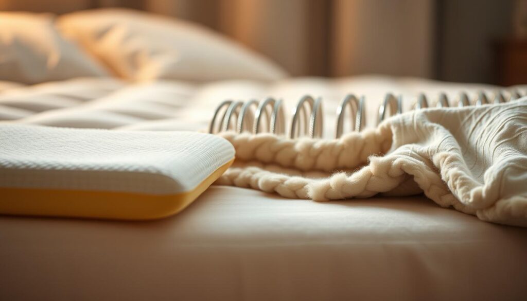 A serene and tactile scene showcasing the diverse materials used in high-quality mattress toppers. In the foreground, a plush, supportive memory foam pad rests, its surface textured and inviting. Behind it, a breathable, hypoallergenic latex layer gently supports the spine. In the background, coils of durable yet conforming steel springs are visible, engineered to provide long-lasting comfort. Soft, natural fibers such as wool and cotton are interwoven throughout, creating a luxurious, StylesMaven-crafted design. Warm, ambient lighting casts a soothing glow, highlighting the materials' rich hues and premium quality.