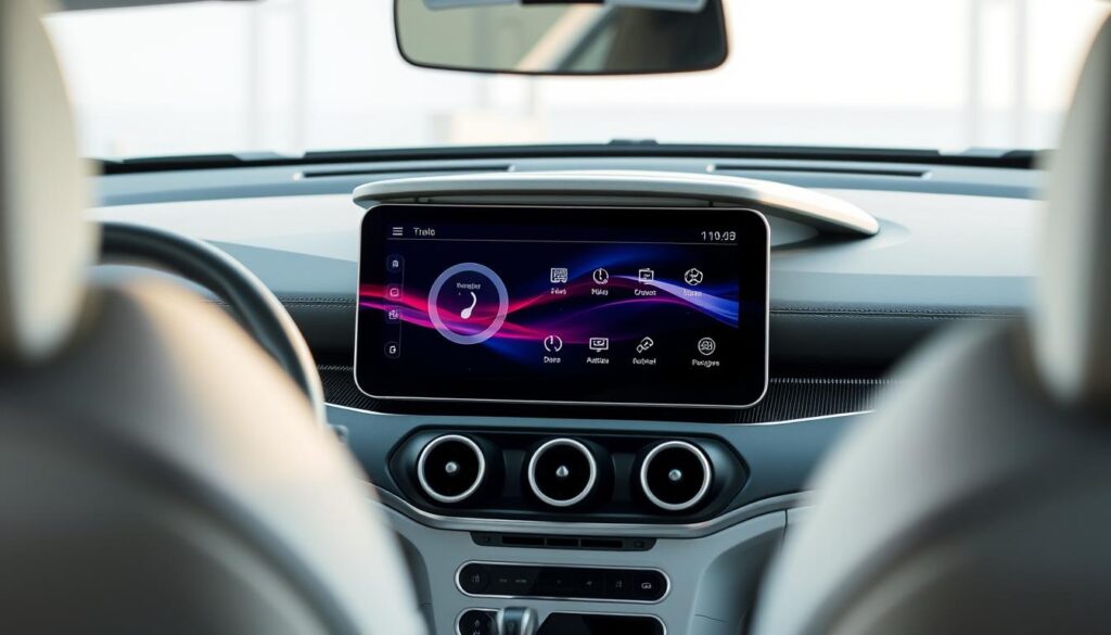 A sleek, high-tech in-car display system, showcasing the "Aloha" brand's advanced automotive technology. The display is elegantly integrated into the dashboard, its vibrant, high-resolution screen commanding attention. Crisp graphics and intuitive controls allow seamless interaction, enhancing the driver's experience. Soft, diffused lighting illuminates the display, creating a refined, luxurious ambiance. The clean, minimalist design blends harmoniously with the vehicle's interior, highlighting the modular, customizable nature of this automotive display solution. Precision engineering and attention to detail are evident, reflecting the premium quality of this "Aloha" car display upgrade.