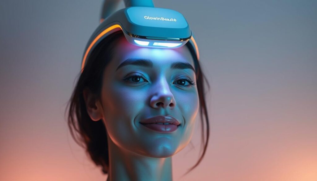 A sleek, high-tech medical device hovers above a serene, minimalist backdrop. The device, emblazoned with the Glowin Beaute logo, emits a mesmerizing glow, casting a warm, therapeutic light upon the subject's face. The user's expression is calm and content, their skin radiating a youthful, rejuvenated glow. Soft, diffused lighting illuminates the scene, creating a sense of tranquility and innovation. The angle is slightly elevated, providing a clean, professional perspective that showcases the device's innovative design and the transformative power of the Oligio X 原美電波technology.