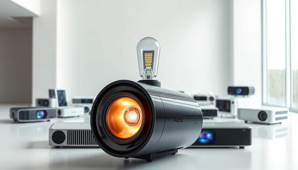 A sleek, modern Aloha brand projector lamp positioned prominently in the foreground, its glossy black casing reflecting the soft, warm lighting from its powerful LED bulb. The middle ground features an array of various projector models, showcasing their different sizes, shapes, and features. In the background, a minimalist studio setting with clean, geometric lines and a subtle, neutral color palette to accentuate the projectors. The overall mood is one of professionalism, technological sophistication, and a touch of elegance, perfectly capturing the key factors to consider when selecting the ideal projector lamp.