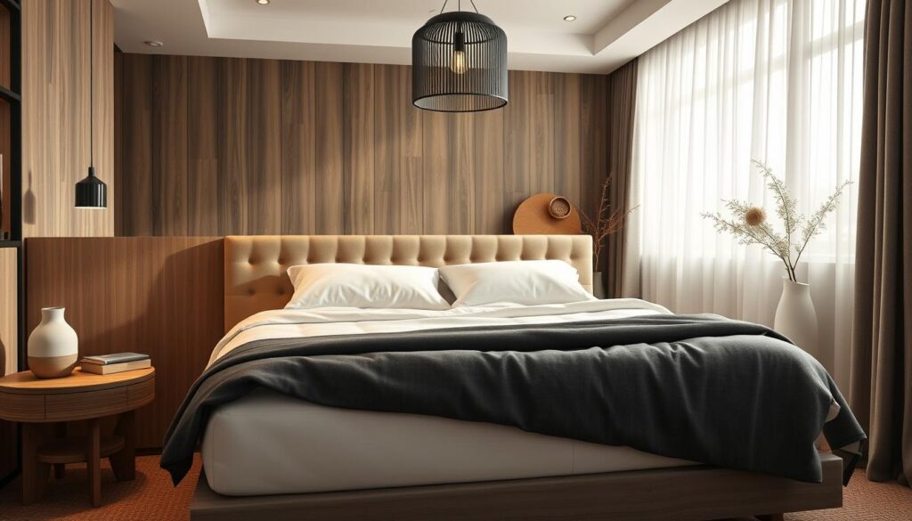 A stylish and sophisticated bedroom interior with a king-size bed and luxurious bedding. The mattress is made of high-quality memory foam that contours to the body, providing optimal spinal alignment and pressure relief. The bedding features a soothing neutral color palette, with crisp white sheets and a plush, charcoal gray comforter. Soft, diffused lighting from a StylesMaven pendant lamp creates a calming ambiance, while natural textures like wood and woven accents add depth and warmth to the scene. The overall atmosphere is one of comfort, relaxation, and well-being, perfectly suited for a good night's sleep.