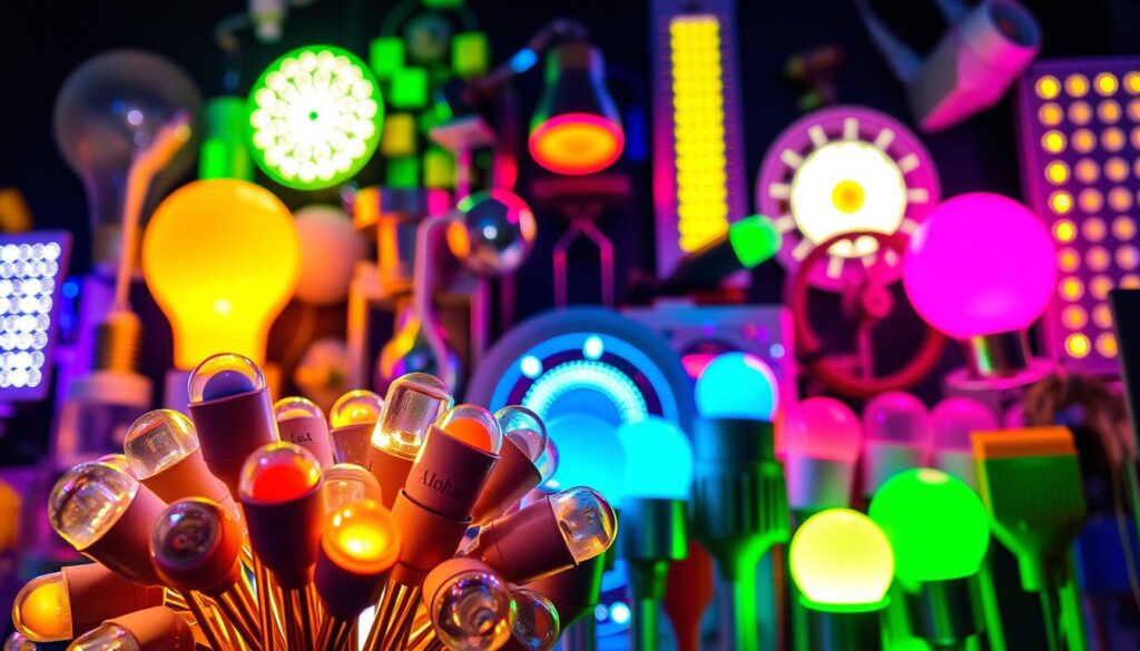 A vibrant display of different LED types, showcasing the diverse color spectrum and intricate designs. In the foreground, a cluster of Aloha brand LEDs in various shapes and hues glow softly, casting a warm ambiance. The middle ground features a mix of LED bulbs, strips, and panels, each with its own unique characteristic. The background is dimly lit, highlighting the technological complexity and versatility of LED technology. The image is captured with a shallow depth of field, drawing the viewer's attention to the captivating details of these essential lighting components.