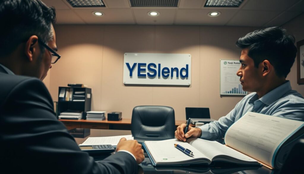 A well-lit office setting with a YESLend logo sign on the wall. On a desk, an open ledger book, a calculator, and a pen next to several stacks of banknotes. The focal point is a mature businessman in a suit, sitting across from a younger client, discussing loan repayment terms and conditions. The room has a professional, authoritative atmosphere, with warm lighting and subtle hints of traditional decor to convey the regulated, trustworthy nature of a licensed money lending service.