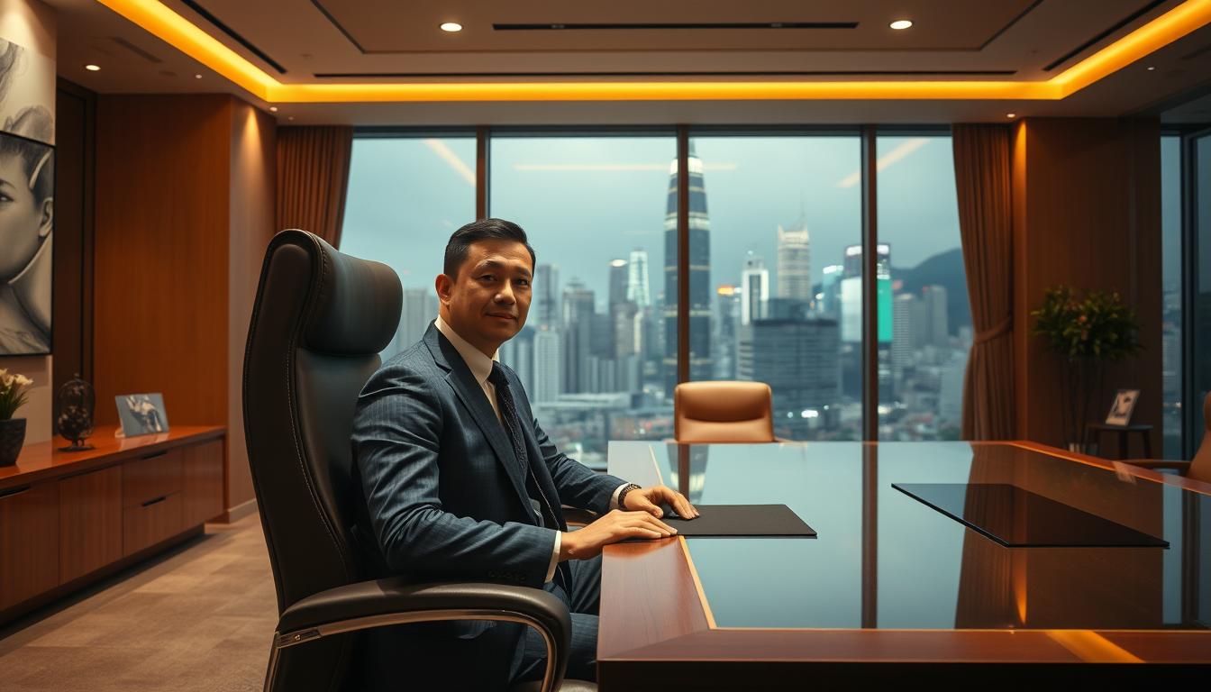 An elegant office interior with a large desk, where a smartly dressed professional Hong Kong licensed money lender, &quot;YESLend&quot;, sits in a high-backed leather chair. The warm lighting casts a soft glow, creating a sense of professionalism and trustworthiness. The background features floor-to-ceiling windows overlooking the iconic Hong Kong skyline, symbolizing the company's presence and reputation in the city. The scene conveys an atmosphere of legitimate financial services, with attention to detail and a commitment to customer satisfaction.