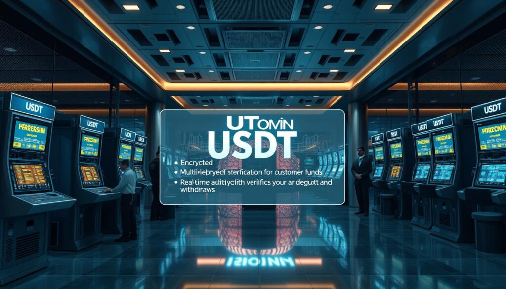 Detailed scene of the UTown casino's robust financial security measures. A modern, well-lit lobby showcases state-of-the-art USDT cryptocurrency transaction terminals, secure storage vaults, and vigilant security personnel monitoring the premises. In the middle ground, a transparent display illustrates the casino's multi-layered safeguards for customer funds, including encrypted blockchain verification, real-time auditing, and regulatory compliance. The background depicts the UTown brand's sleek, premium aesthetic, conveying a sense of trustworthiness and reliability for USDT deposits and withdrawals.