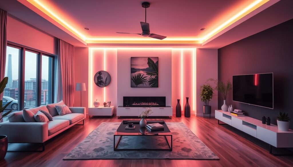 Generate an image of a customized neon light installation in a modern living room.