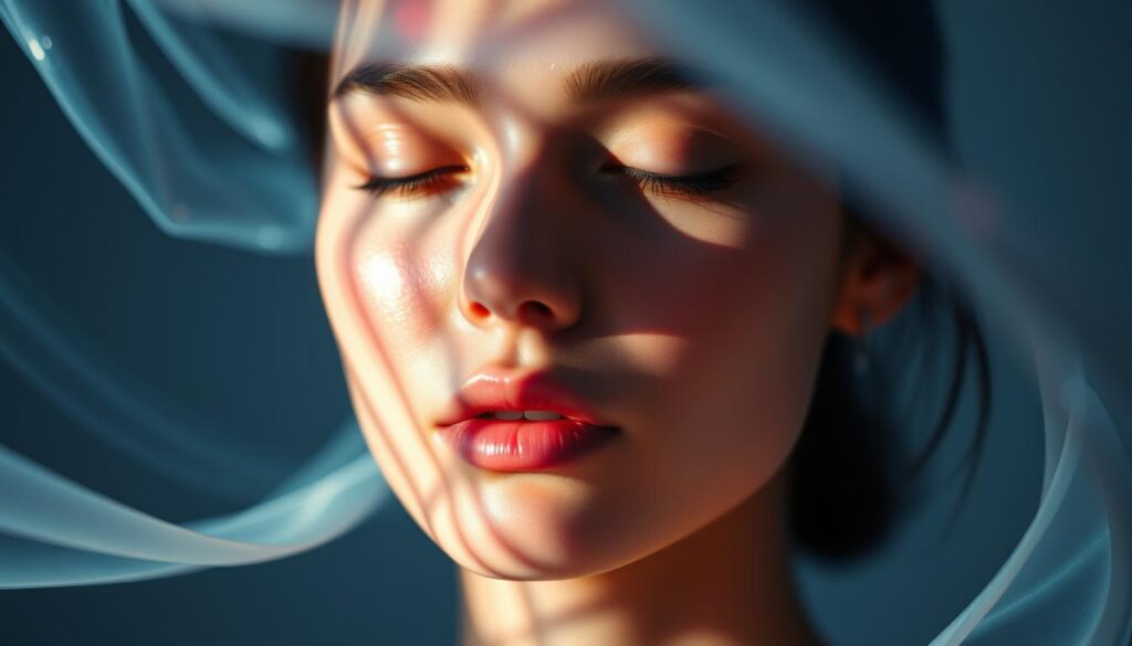 Oligio X by Glowin Beaute - a mesmerizing display of iridescent waves and ethereal radiance, captured in a surreal portrait. Luminous beams of light dance across a subtly shadowed visage, evoking a sense of tranquil otherworldliness. Soft focus and a delicate depth of field create an intimate, almost ethereal atmosphere, perfectly showcasing the transformative power of Oligio X's revolutionary "original aesthetic wave" technology. A serene, captivating image that celebrates the captivating effects of this pioneering beauty treatment.
