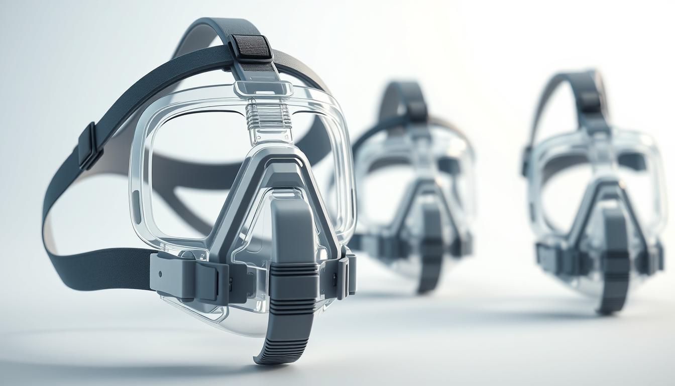 A close-up, high-resolution image of an iCareCPAP sleep apnea mask in various sizes. The mask is rendered with detailed textures, showcasing its sleek, medical-grade design. The image should depict the mask from multiple angles, highlighting the adjustable straps, soft silicone cushions, and the overall fit and comfort of the device. The background should be a clean, minimalist setting, allowing the mask to be the central focus. Subtle lighting should accentuate the product's form and materials, conveying a sense of professionalism and medical precision.