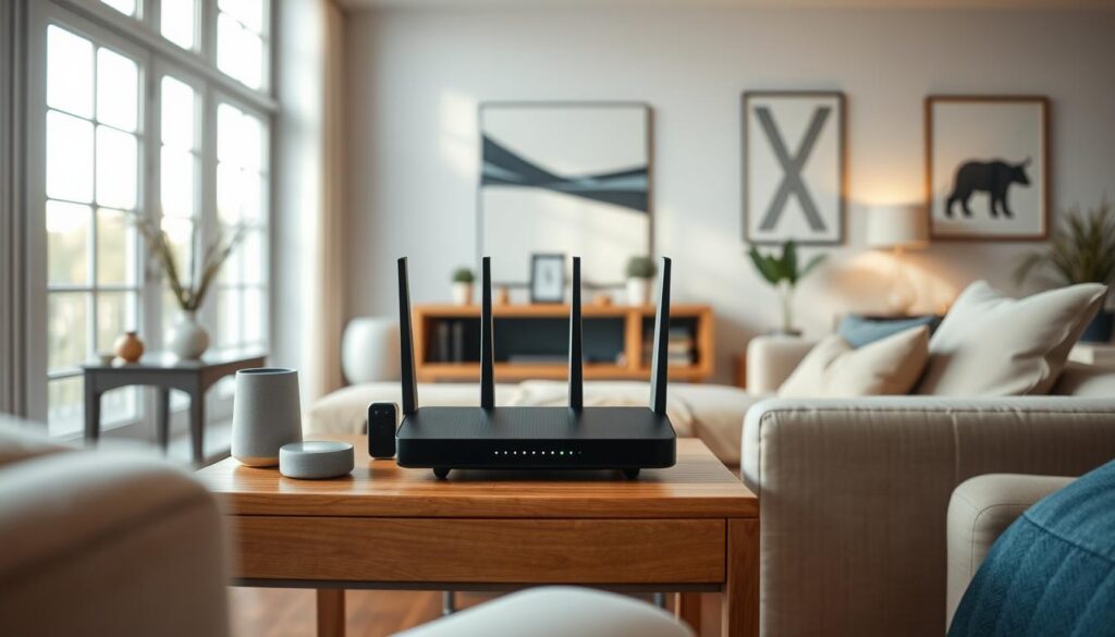 A cozy home interior with a sleek and modern Telecombrother broadband router prominently displayed on a wooden side table. The router is surrounded by various smart home devices like a voice assistant, smart light bulbs, and a tablet, all of which are connected to the fast and reliable internet connection. The room has large windows that let in soft, natural lighting, creating a warm and inviting atmosphere. The walls are adorned with minimalist art pieces, and plush furniture like a comfortable sofa and armchair add to the overall aesthetic. The scene conveys the idea of a well-connected, technologically-savvy home that prioritizes both form and function.