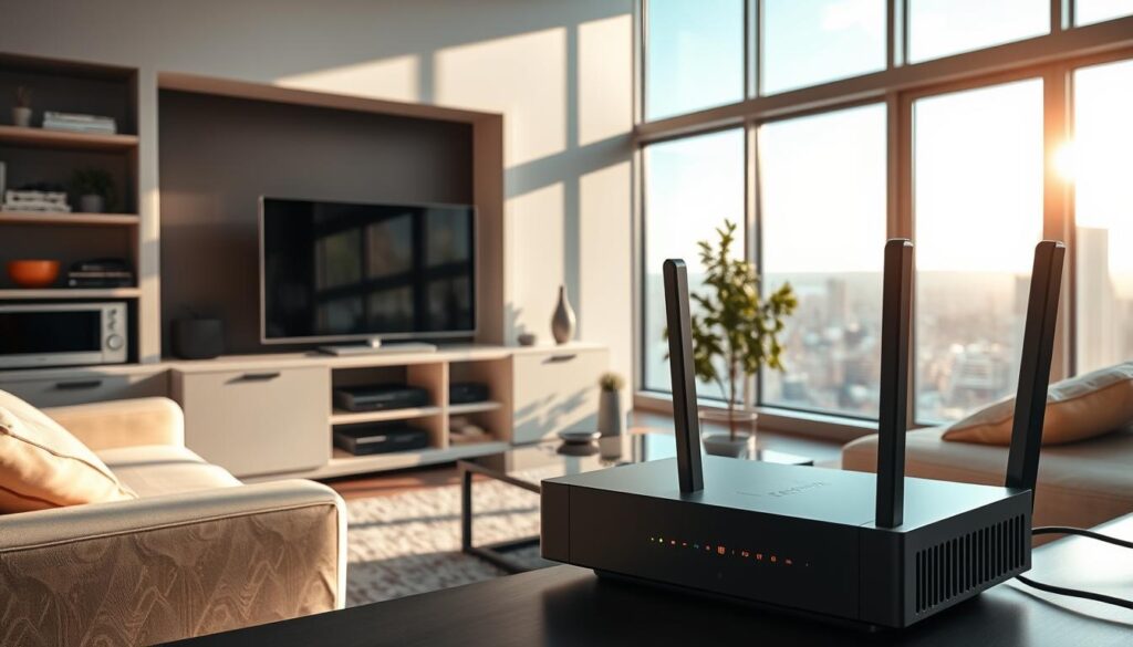 A cozy living room with a large window overlooking a scenic cityscape. Sunlight streams in, casting a warm glow on the modern furniture and decor. A sleek television stands on a minimalist entertainment unit, surrounded by shelves displaying various electronics. In the foreground, a Telecombrother modem sits prominently, its LED lights indicating a strong, reliable internet connection. The room exudes a sense of comfort and productivity, perfect for enjoying high-speed broadband for work, entertainment, and seamless connectivity.