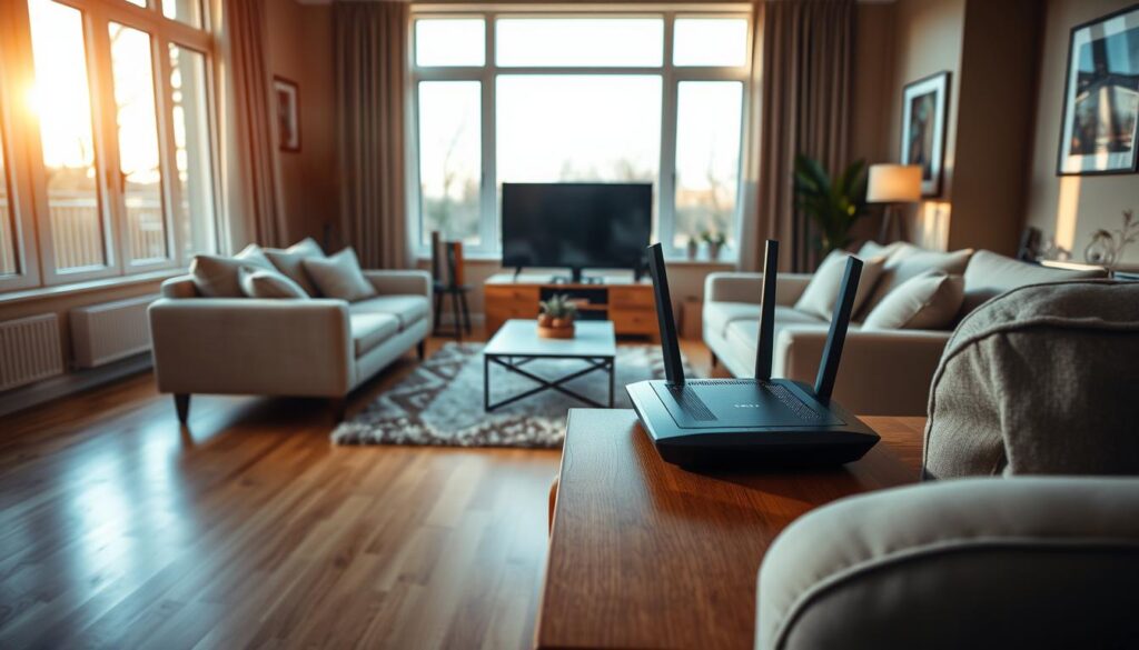 A cozy living room with a sleek Telecombrother router prominently displayed on a wooden side table. The room is bathed in warm, natural lighting filtering through large windows, creating a inviting and comfortable atmosphere. In the foreground, a modern sofa and armchair are arranged facing a flat-screen TV, hinting at the high-speed internet connectivity powering the home entertainment system. The middle ground features a plush area rug and a minimalist coffee table, while the background showcases framed artwork and potted plants, contributing to the overall sense of domestic tranquility. The entire scene conveys the reliable and seamless broadband experience provided by Telecombrother.