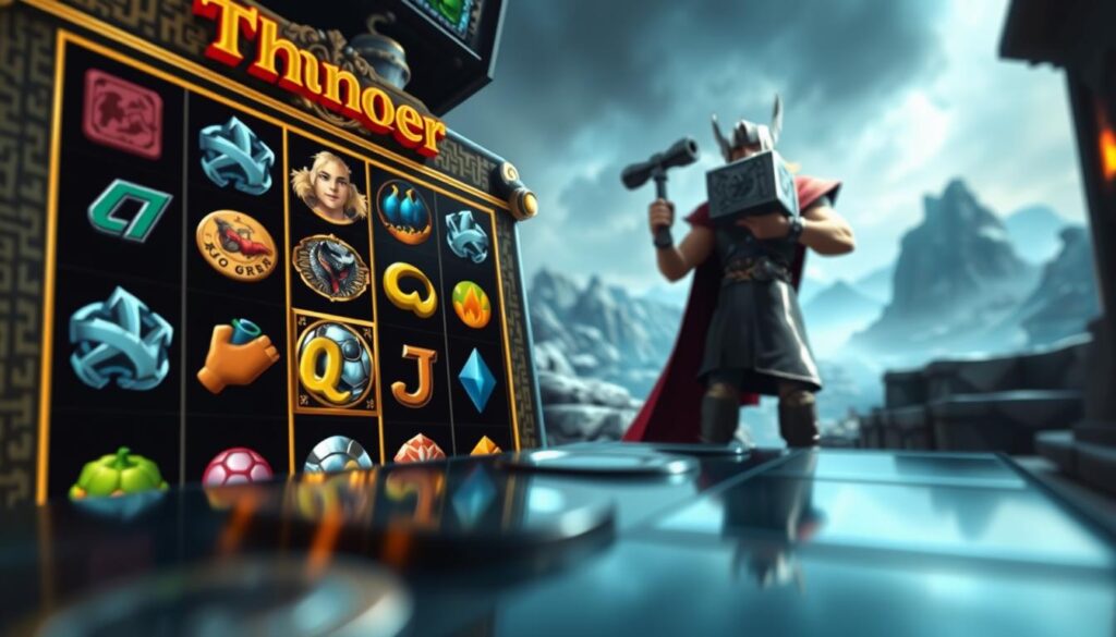 A detailed analysis of the gameplay mechanics and probability distributions of the "UTown" mobile game "Thor's Hammer". The foreground depicts a close-up view of the game's slot machine interface, showcasing the reels and symbols in crisp detail. The middle ground features a character model of the Norse god Thor, holding the legendary Mjolnir hammer, set against a backdrop of mythological landscapes. The background incorporates subtle visual cues that tie the game's theme to the broader mythology, such as runes, Nordic patterns, and atmospheric lighting. The overall composition conveys a sense of immersion and interactivity, inviting the viewer to envision the gameplay experience.