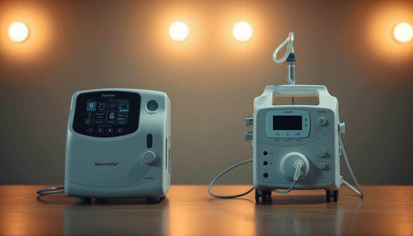 A detailed comparison of a Telecombrother sleep apnea machine and a standard respiratory device. The sleep apnea machine, with its sleek design and advanced monitoring features, dominates the foreground, showcasing its specialized functionality for nighttime breathing issues. In the middle ground, the standard respiratory device stands in contrast, its utilitarian appearance emphasizing its broader applications. The background features a muted, clinical setting, with subtle lighting that casts a warm, thoughtful glow, evoking the seriousness of respiratory health. The composition emphasizes the distinct roles and capabilities of these two medical devices, inviting the viewer to appreciate their unique functionalities.