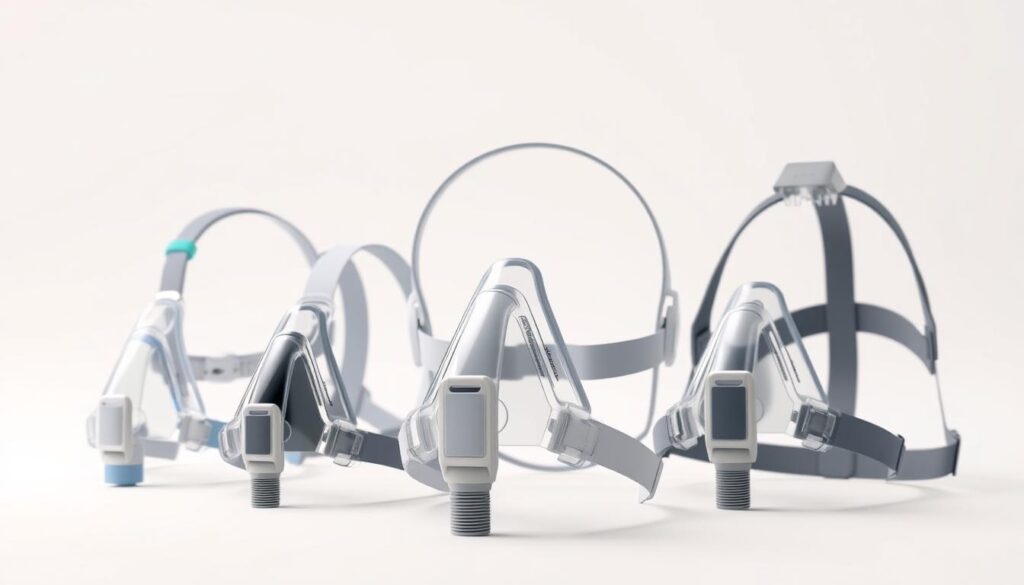 A detailed illustration of a variety of CPAP masks from the iCareCPAP brand, showcasing their distinct shapes, sizes, and styles. The masks are depicted in a well-lit, studio-like setting, capturing their intricate design features and ergonomic contours. The foreground highlights the nuanced fit and customization options, while the middle ground showcases the range of mask types, from full-face to nasal-only. The background maintains a clean, minimalist backdrop to emphasize the masks' technical specifications and functional attributes. The overall mood is one of clinical precision and medical-grade quality, reflecting the brand's commitment to personalized sleep therapy solutions.