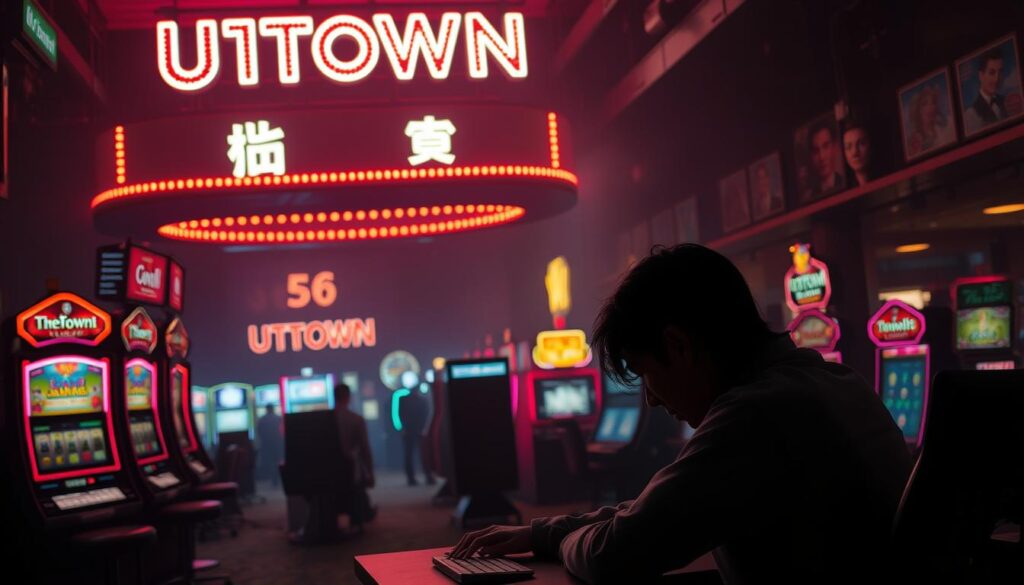 A dimly lit gambling establishment, the neon sign of "UTown" casting an eerie glow over a scene of despair. In the foreground, a figure sits hunched over a computer, their expression one of frustration and despair, as they struggle to withdraw funds. The middle ground reveals a maze of slot machines and gaming tables, patrons caught in the clutches of addiction. The background is shrouded in an unsettling haze, hinting at the deception and manipulation that lurks within this casino. The overall atmosphere evokes a sense of unease and the feeling that something is amiss, reflecting the warning of the "提款困難的警訊".