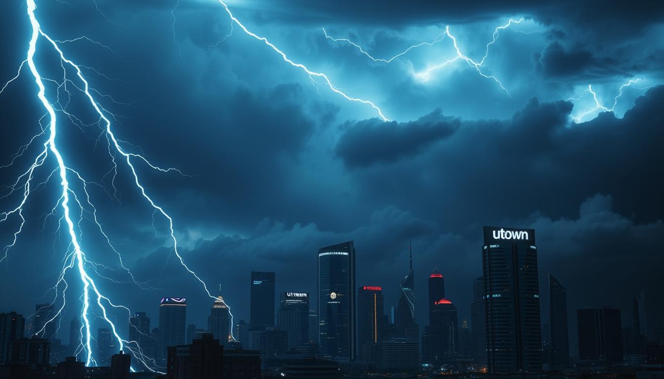 A dramatic, thunderstorm-inspired scene showcasing the &quot;UTown&quot; brand. In the foreground, bold, neon-lit lightning bolts crackle across the sky, casting an ethereal glow on the cityscape below. The middle ground features a modern, high-rise skyline silhouetted against the storm, with the iconic &quot;UTown&quot; logo prominently displayed on one of the skyscrapers. In the background, dense, swirling clouds roil, hinting at the power and intensity of the approaching weather. The overall mood is one of dynamic energy, technological prowess, and a sense of impending change or opportunity.