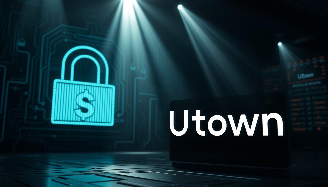 A glowing SSL symbol emerges from the shadows, its encryption bars radiating a sense of digital security. In the foreground, the UTown logo stands tall, its sleek design complementing the technical backdrop. Beams of light pierce the dimly lit environment, creating an atmosphere of advanced technology and online protection. The scene conveys the robust SSL encryption safeguarding sensitive user data and transactions, ensuring the safety and privacy of the UTown platform.