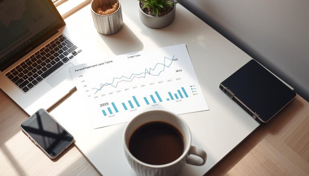 A high-angle shot of a financial chart showcasing the 2025 personal loan interest rate landscape in Taiwan. The chart is displayed on a sleek, minimalist desktop setup, with a laptop, smartphone, and a cup of coffee in the foreground, suggesting a professional and analytical context. The chart itself features clean, infographic-style visualizations of the key interest rate data, presented in a way that is both informative and visually appealing. The lighting is soft and natural, casting a warm, contemplative mood over the scene. The overall composition conveys a sense of informed decision-making and financial insight within the Taiwanese personal loan market.