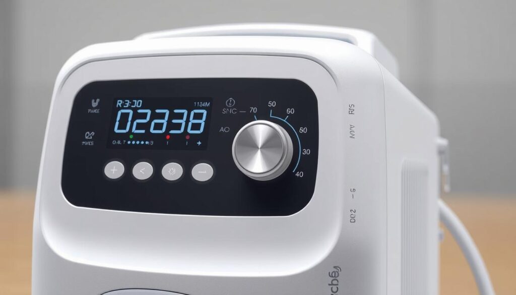 A high-resolution, detailed, and technical illustration showcasing the pressure settings of a Telecombrother sleep apnea machine. Capture the device's sleek and modern design, with a crisp white body and intuitive digital display. Highlight the pressure control knob, visualizing the incremental adjustments and numerical readouts. Depict the machine in a clean, well-lit environment, emphasizing the precision and functionality of the device. Convey a sense of medical authority and expertise, suggesting the machine's role in effectively managing sleep apnea. Avoid distracting background elements, keeping the focus on the Telecombrother sleep apnea machine and its pressure settings.