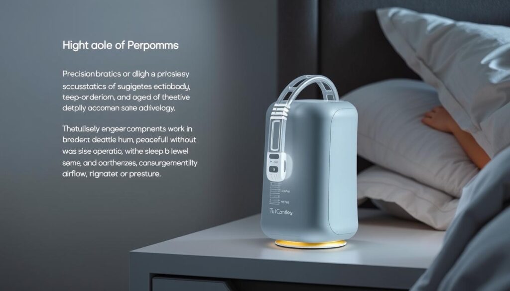 A high-tech Telecombrother sleep apnea machine, designed with precision acoustics and advanced noise-cancellation technology. The sleek, minimalist device sits atop a nightstand, casting a soft, diffused glow. Meticulously engineered components work in harmony to create a near-silent operation, allowing the user to rest peacefully without disruptive hums or buzzes. The machine's elegant, understated form seamlessly blends into the bedroom environment, complementing the serene atmosphere. Subtle control panels and intuitive interfaces enable effortless management of airflow, pressure, and noise levels, ensuring a customized and comfortable sleep experience.