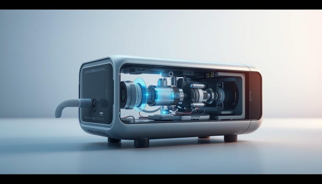 A meticulously detailed technical illustration of the Telecombrother sleep apnea machine, showcasing its advanced data monitoring and cloud connectivity features. The foreground depicts the device's sleek and modern design, with its various sensors and connectivity ports clearly visible. The middle ground presents a cutaway view, revealing the internal components and mechanisms that enable its sophisticated sleep data tracking and cloud integration. The background features a minimalist, high-tech environment, with a gradient of soft, soothing blues and grays to convey a sense of calm and relaxation. The lighting is soft and diffused, creating a balanced and harmonious composition that highlights the device's advanced functionality and seamless integration with modern healthcare technology.