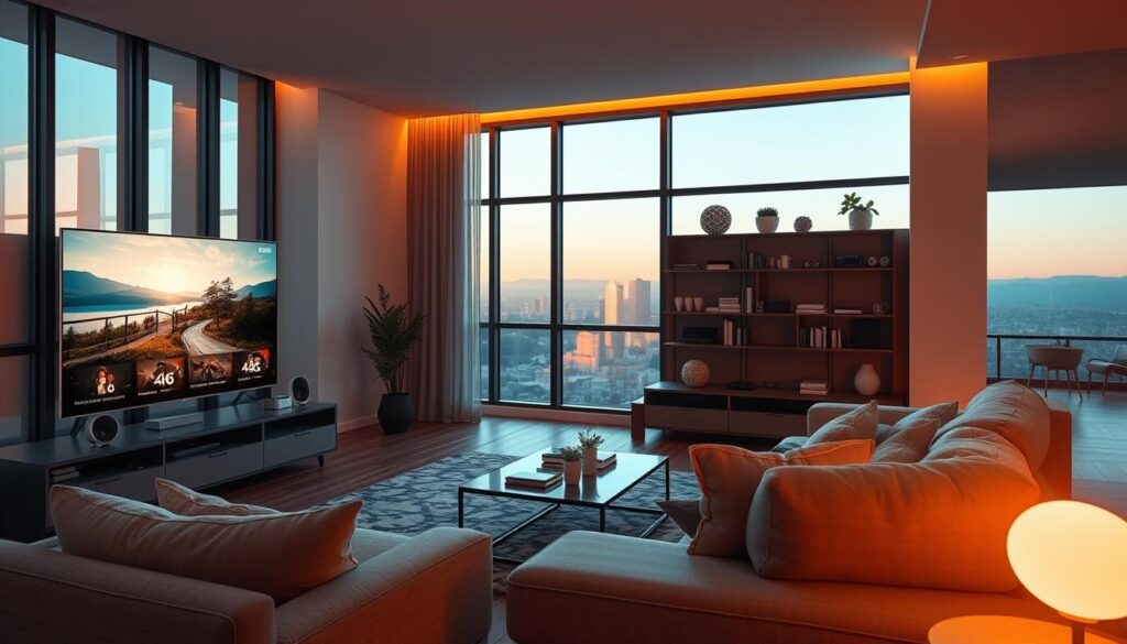A modern and sleek living room showcases the Telecombrother 5G home broadband experience. The room is bathed in warm, natural lighting, captured through large windows that offer a scenic view. In the foreground, a 4K smart TV displays high-quality streaming content, while a variety of connected smart home devices are seamlessly integrated throughout the space. The middle ground features a comfortable couch and coffee table, creating an inviting atmosphere for relaxation and entertainment. The background subtly hints at the reliable and fast 5G network, with a subtle glowing hue emanating from hidden technological elements. The overall scene conveys a sense of seamless connectivity, advanced technology, and a premium home broadband experience.