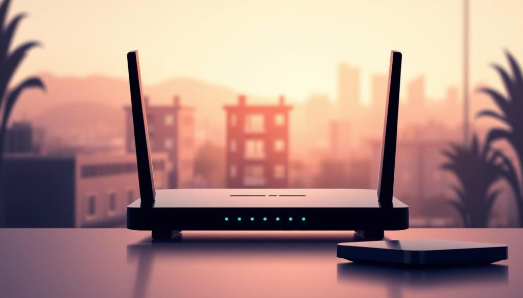 A modern, minimalist-style illustration showcasing the Telecombrother home broadband service. In the foreground, a sleek, black router with subtle lighting details. In the middle ground, a stylized representation of a residential building, warm tones and clean lines conveying a sense of comfort and connectivity. The background features a soft, blurred cityscape, hinting at the wide coverage and reliable infrastructure of the Telecombrother network. The overall mood is one of efficiency, dependability, and the seamless integration of technology into the home environment.