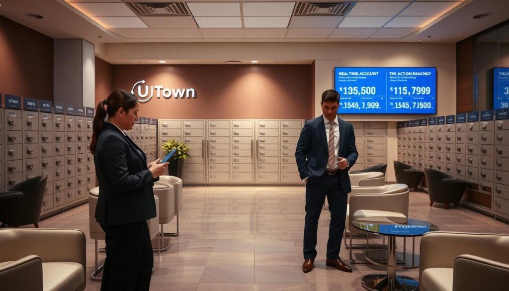 A serene banking hall with sleek modern furniture, soft lighting, and UTown branding prominently displayed. In the foreground, a customer service representative assists a well-dressed client, discussing account details on a tablet. The background features rows of secure deposit boxes and a large wall-mounted screen displaying real-time account balances and transaction histories, conveying a sense of financial security and transparency. The overall atmosphere is one of professionalism, trust, and attention to customer needs.