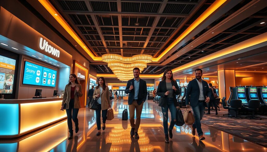 A vibrant and modern UTown entertainment complex, bathed in warm lighting. The sleek lobby features a striking reception desk, with digital screens displaying seamless payment options. Patrons move effortlessly through the space, their expressions conveying ease and convenience. In the background, a hints of gaming tables and slot machines, suggesting an inviting atmosphere of leisure and entertainment. The overall scene radiates a sense of accessibility and technological sophistication, capturing the essence of UTown's user-friendly cashflow experience.