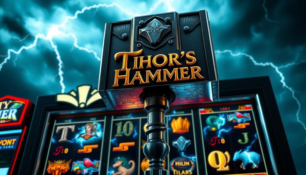 A visually striking image of the "Thor's Hammer" slot machine from the UTown entertainment complex. The machine's iconic hammer logo dominates the frame, its metallic surface gleaming under dramatic lighting. The game's reels spin hypnotically, displaying symbols of thunder, lightning, and mythical creatures. The machine is set against a backdrop of a dark, stormy sky, evoking the power and majesty of the Norse god Thor. The overall atmosphere is one of excitement and anticipation, inviting the viewer to step into the world of UTown's thrilling gaming experience.