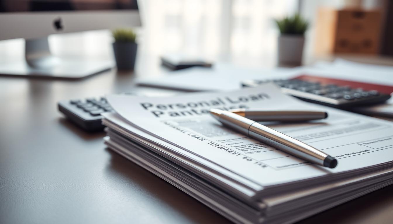 A well-lit, close-up view of personal loan interest rates, showcasing key details and elements. The foreground features a stack of official financial documents, meticulously arranged, with a pen and calculator nearby, conveying the serious and responsible nature of the subject matter. The middle ground displays a clean, modern desktop workspace, hinting at the professional setting. The background subtly blurs out, creating a sense of focus and emphasis on the central subject. The overall mood is one of thoughtfulness, diligence, and attention to financial details, reflecting the importance of understanding personal loan interest rates before application.