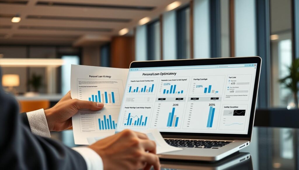 A well-lit, high-resolution image showcasing a comprehensive personal loan optimization strategy. In the foreground, a financial advisor presents a detailed plan with graphs and charts, conveying a sense of expertise and professionalism. The middle ground features a laptop displaying loan calculations and comparisons, while the background depicts a sleek, modern office setting with floor-to-ceiling windows, suggesting a successful, forward-thinking financial institution. The lighting is soft and directional, creating depth and emphasizing the key elements. The overall mood is one of confidence, clarity, and a tailored approach to personal financial optimization.