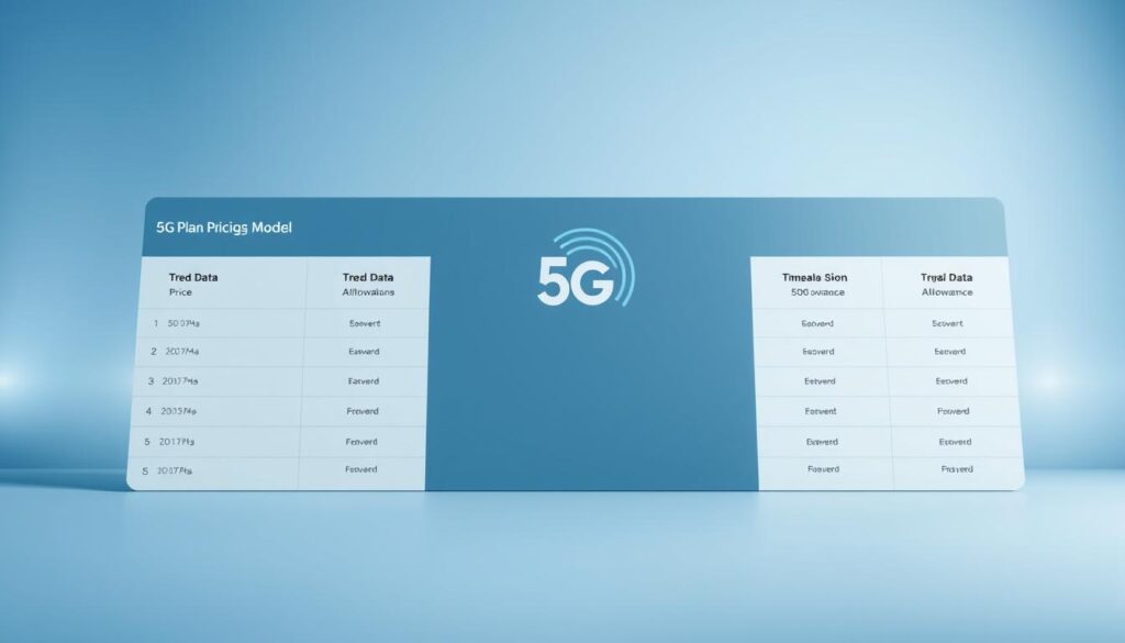 Telecombrother's 5G Plan Pricing Model: A sleek, minimalist infographic showcasing the streamlined 5G plan offerings. The foreground features a clean, modern grid layout with pricing tiers and data allowances. The middle ground displays a Telecombrother logo and an abstract 5G signal icon, conveying the advanced network technology. The background is a soft, gradient blend of blues and grays, creating a professional, tech-savvy atmosphere. Crisp lighting and a slightly low camera angle lend a sense of authority and clarity to the overall composition.